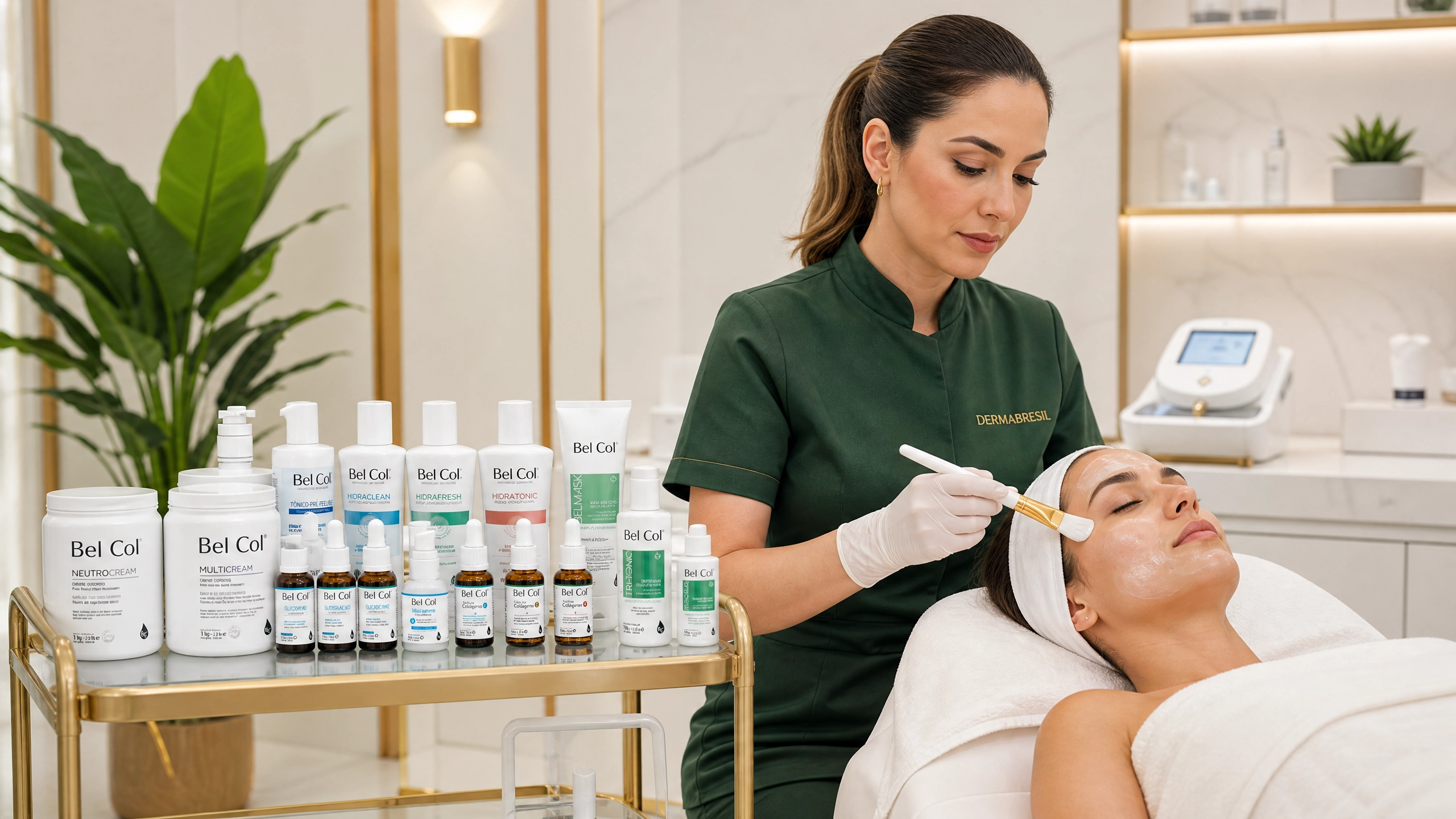 Esteticista Dermabrésil em cabine de estética luxuosa com produtos Bel Col